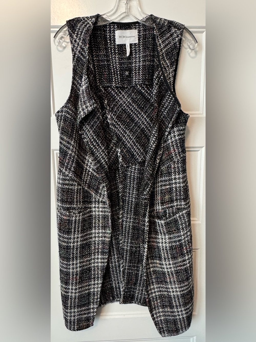 BCBGeneration Tweed Longline Open Vest Duster Plaid Sleeveless Jacket M - Picture 6 of 8